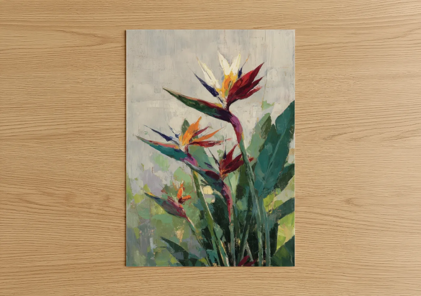 Birds of paradise art print on warm oak wood — red and gold palette — Vibrant Paradise Blooms poster