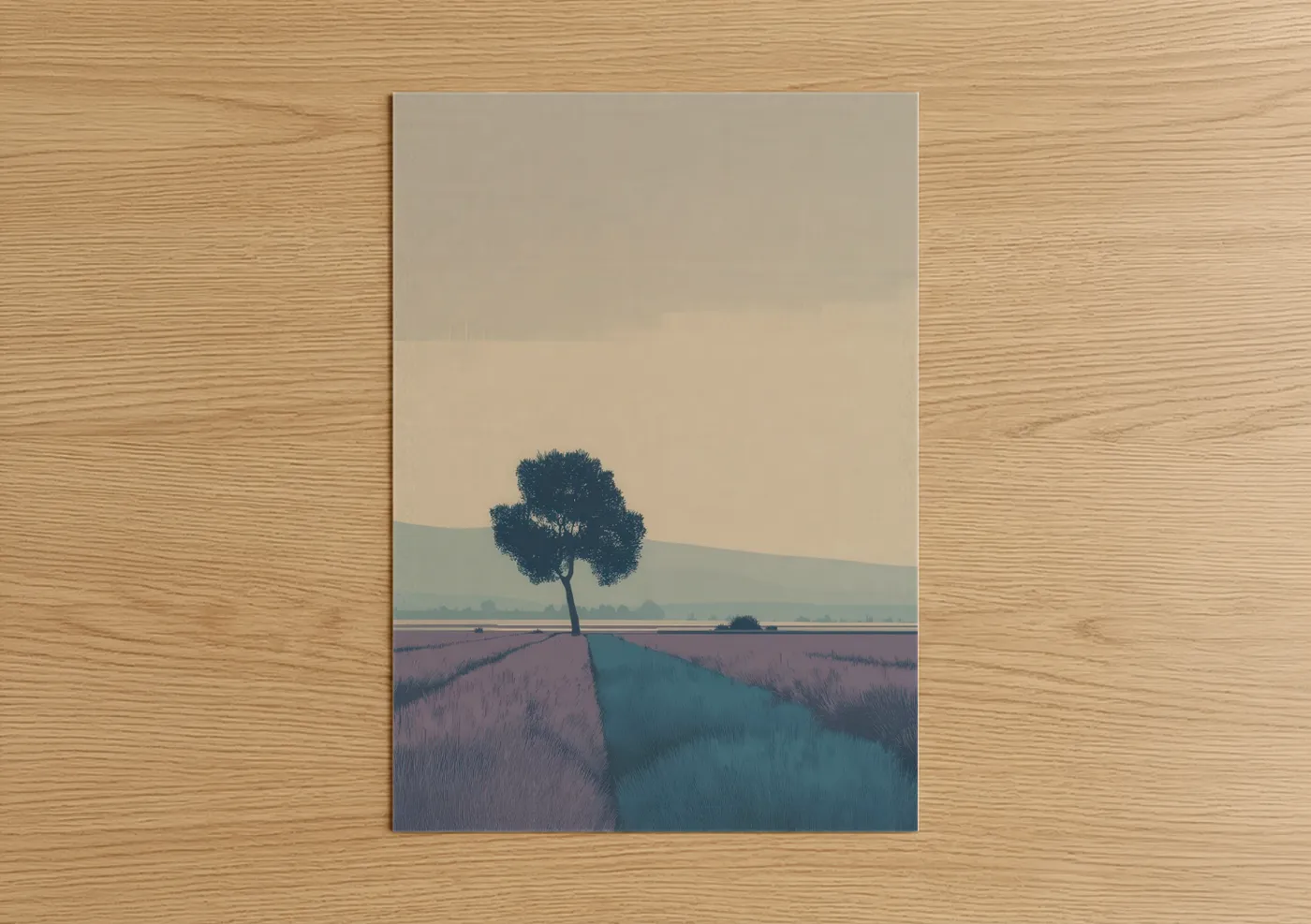 Lavender field art print on warm oak wood — lavender and cream palette — Solitary Lavender Tree poster
