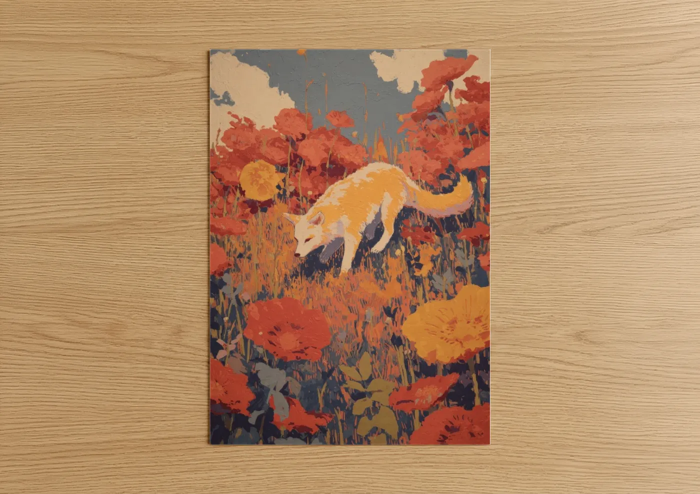 Golden Wolf Poppy Field Illustration Wall Art