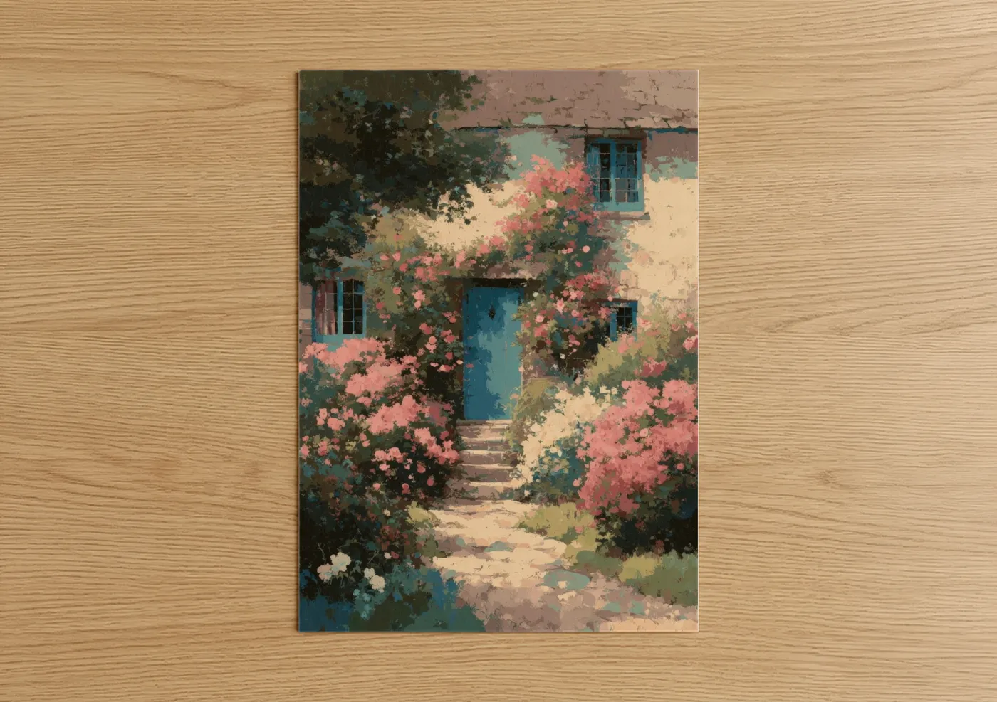 House art print on warm oak wood — salmon pink and cream palette — Cottage Garden Retreat poster