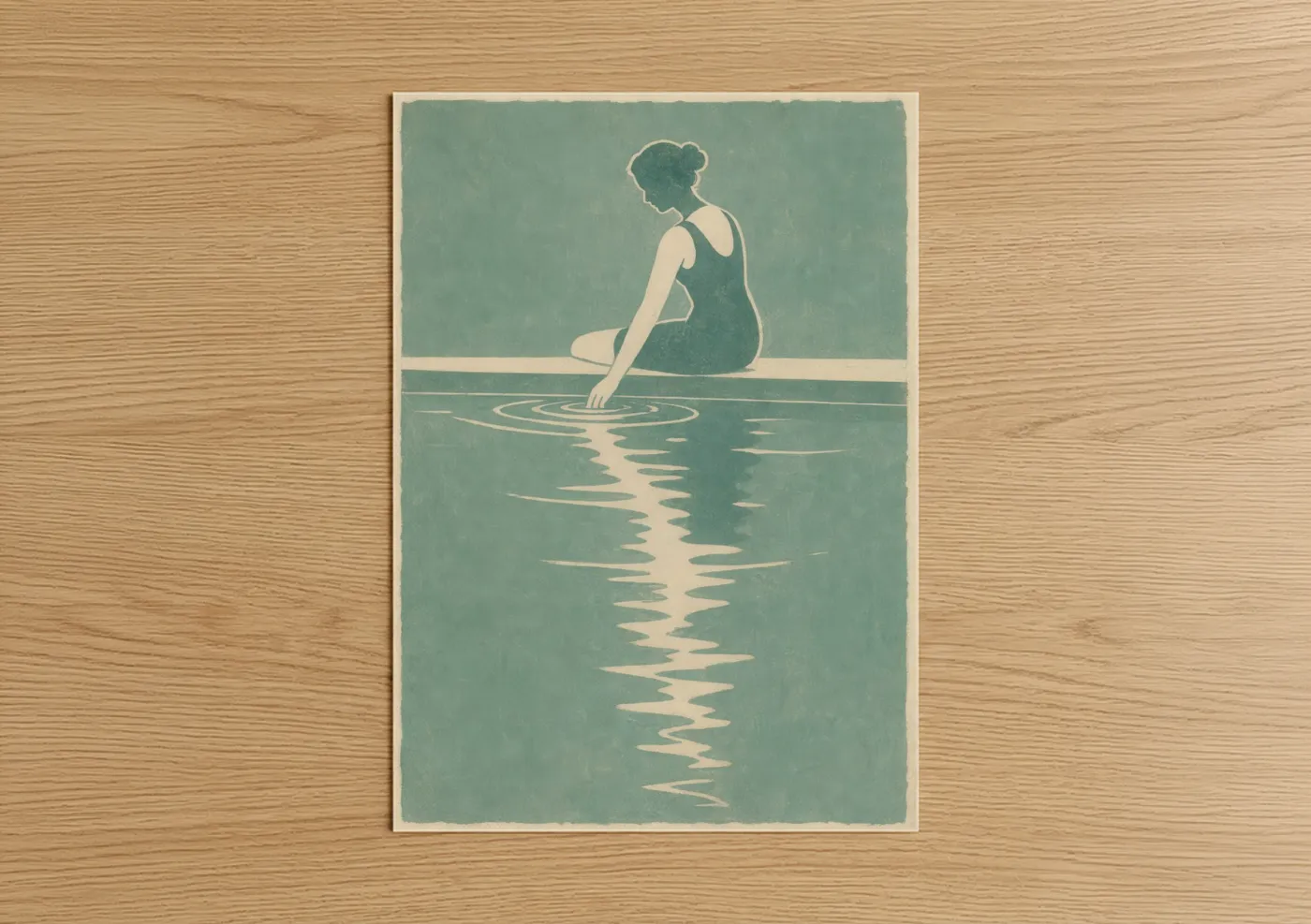 Swimming art print on warm oak wood — teal and cream palette — Vintage Bathing Beauty Poolside Wall Art poster
