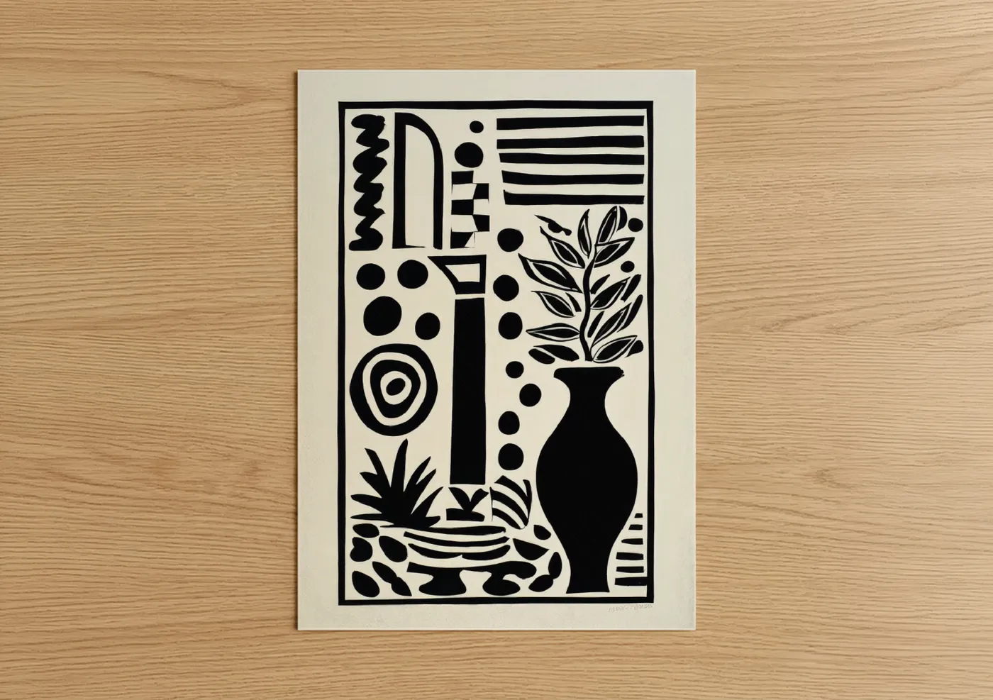 Abstract minimalist art print on warm oak wood — black and white palette — Botanical Geometry poster