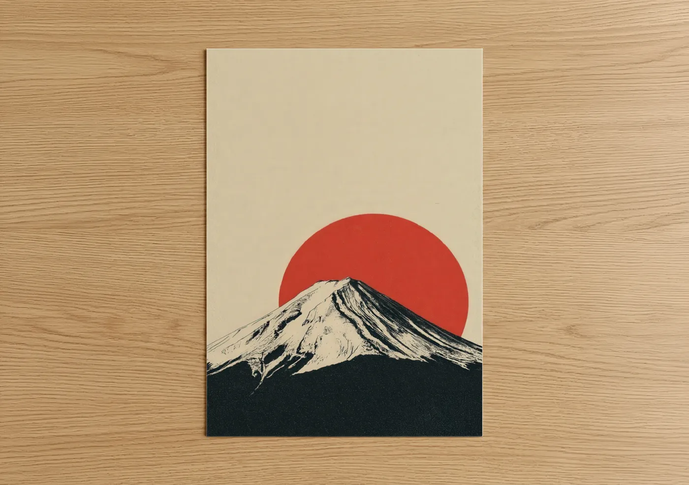 Mount fuji art print on warm oak wood — red and cream palette — Crimson Summit Fuji poster