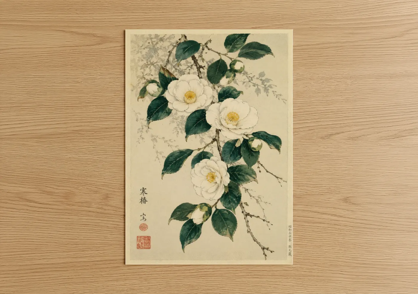 Flower art print on warm oak wood — beige and cream palette — White Camellia Botanical Wall Art poster