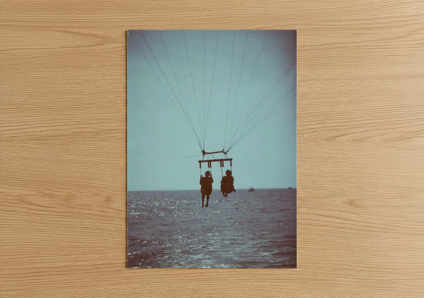 Parasailing art print on warm oak wood — blue and brown palette — Floating Dreams Parasail poster