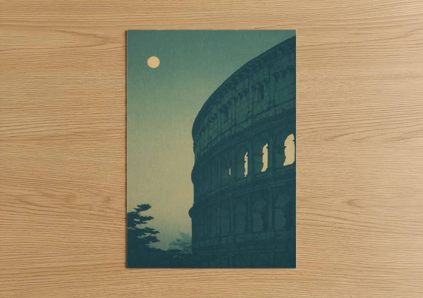 Art print on warm oak wood — teal and cream palette — Moonlit Colosseum poster