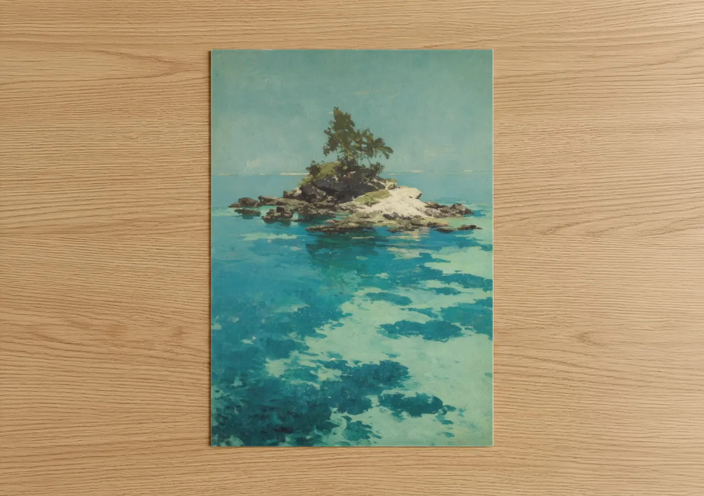 Art print on warm oak wood — turquoise and light green palette — Tropical Island Solitude poster