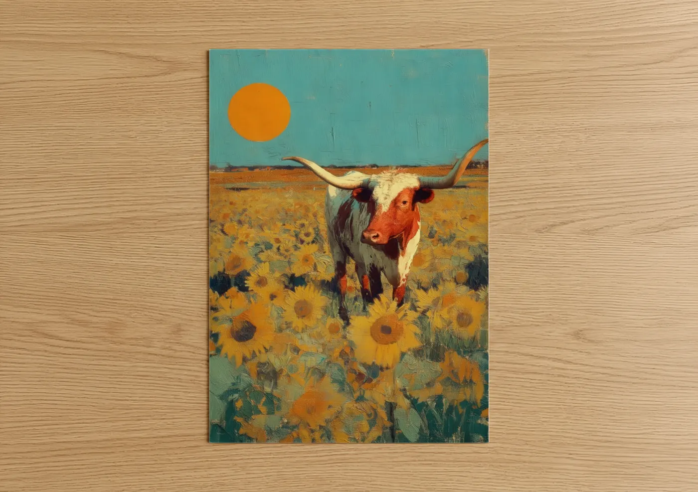 Longhorn cow art print on warm oak wood — gold and teal palette — Sunflower Longhorn poster