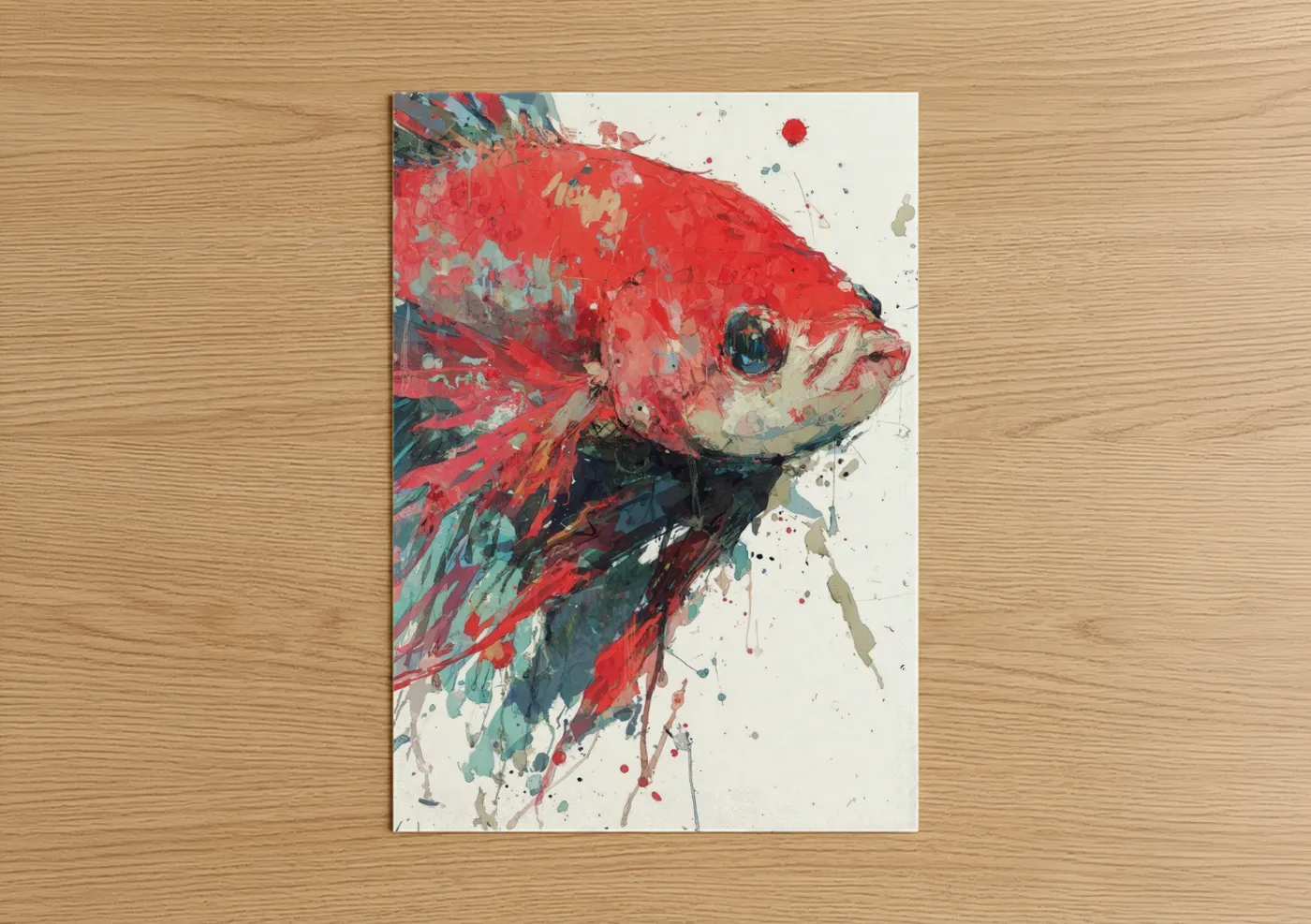 Art print on warm oak wood — red and teal palette — Crimson Betta Fish poster