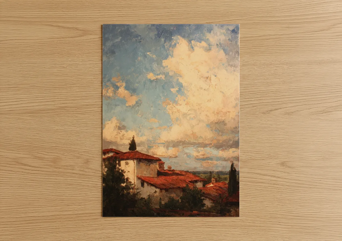 Morning sky art print on warm oak wood — cream and dove gray palette — Tuscan Morning poster