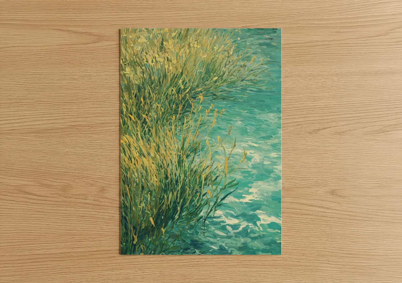 Art print on warm oak wood — teal and gold palette — Turquoise Waterside Grass poster