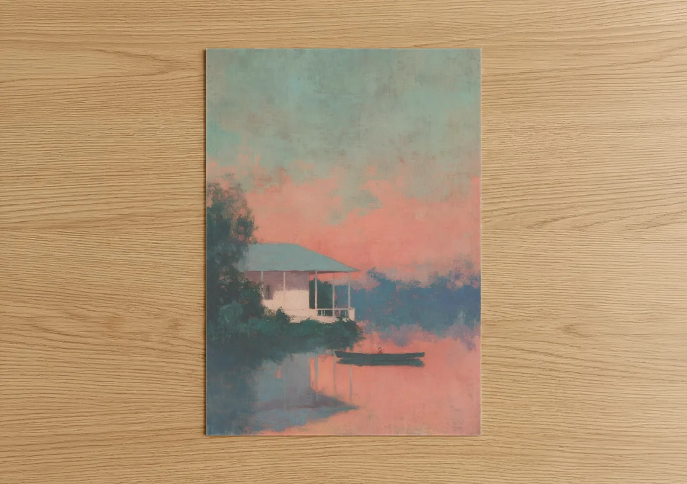 Lakeside Cottage Sunrise Watercolor Wall Art