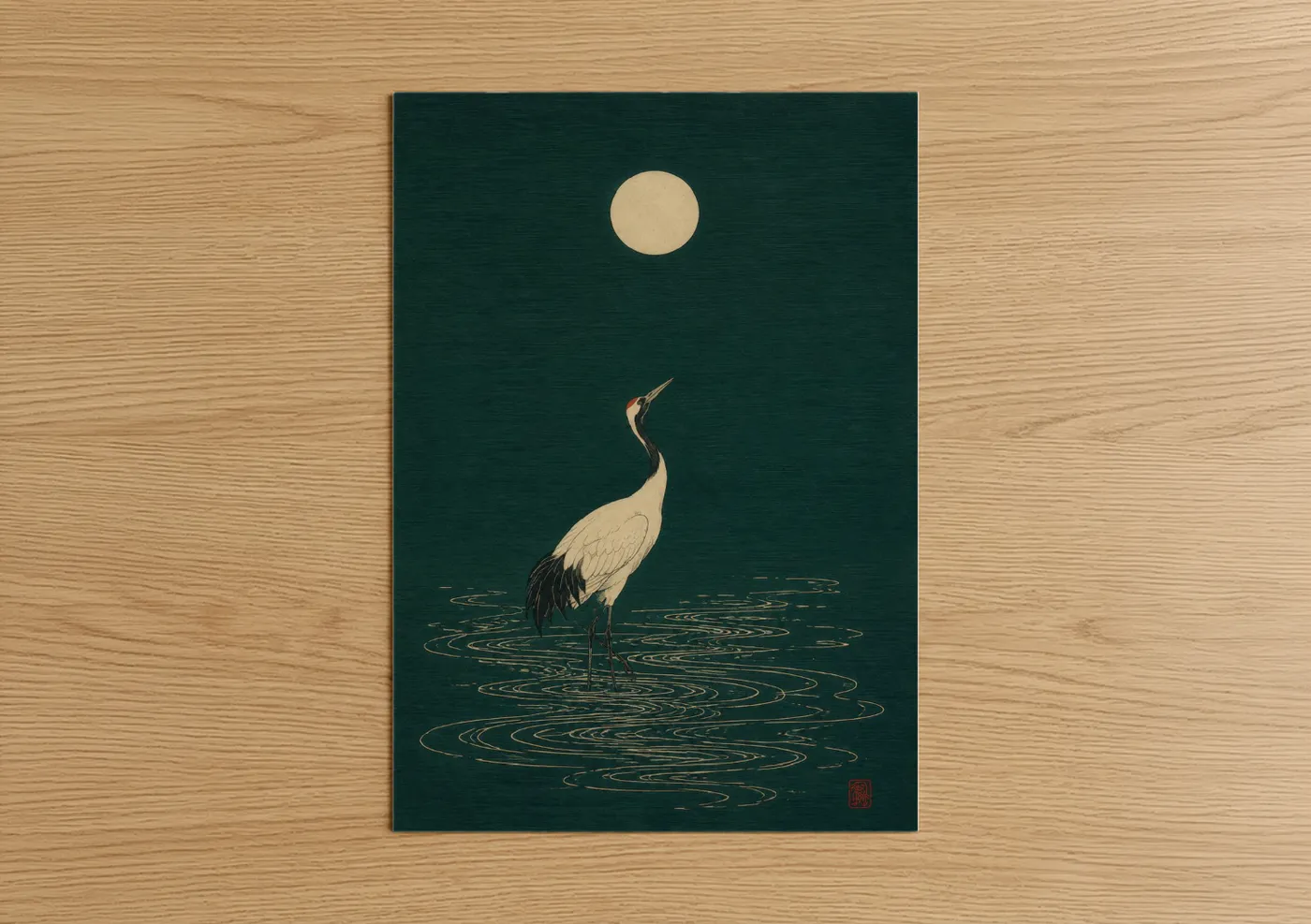 Art print on warm oak wood — dark green and cream palette — Japanese Crane Under Moon Wall Art poster
