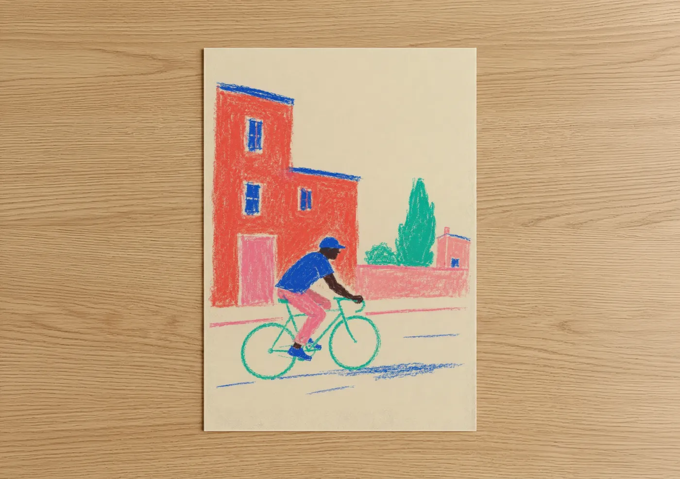 Urban bicycle art print on warm oak wood — blue and peach palette — Mediterranean Village Cyclist Wall Art poster