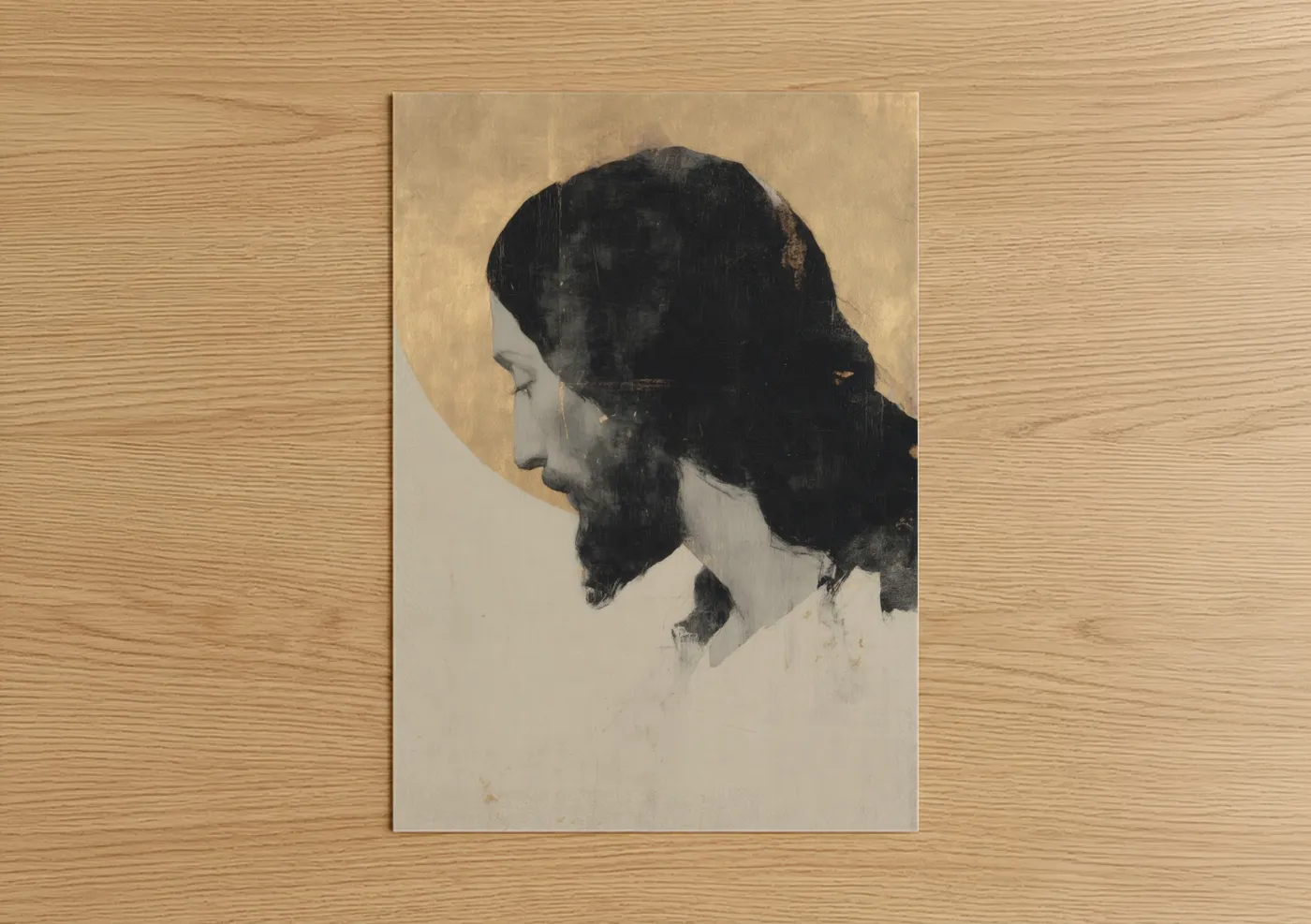 Jesus christ art print on warm oak wood — black and white and cream palette — Contemplative Christ poster