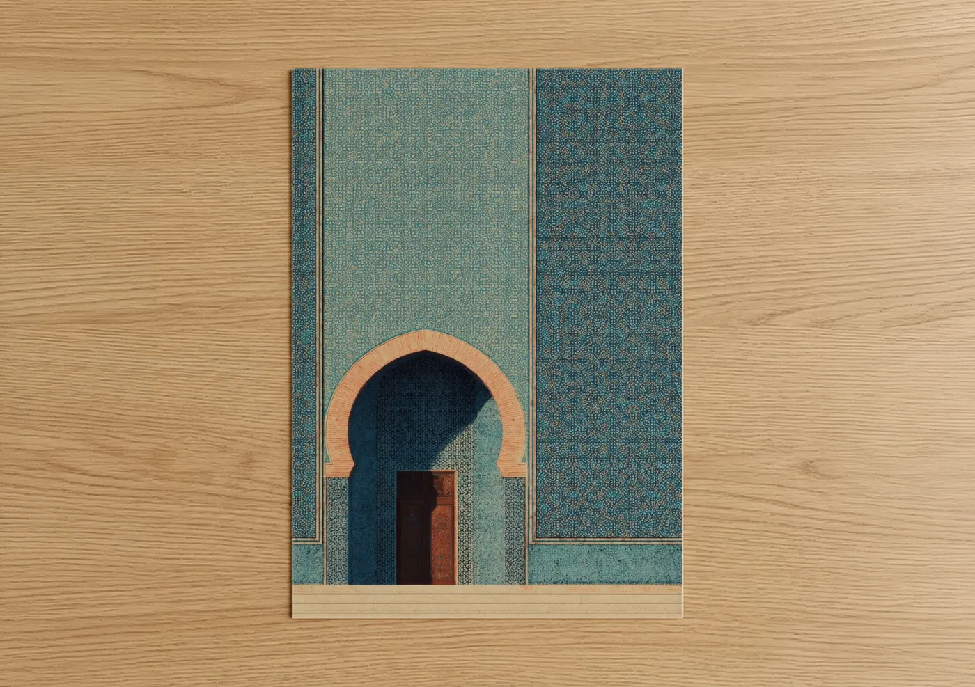 Art print on warm oak wood — teal and gold and white palette — Arched Mosque Entrance poster