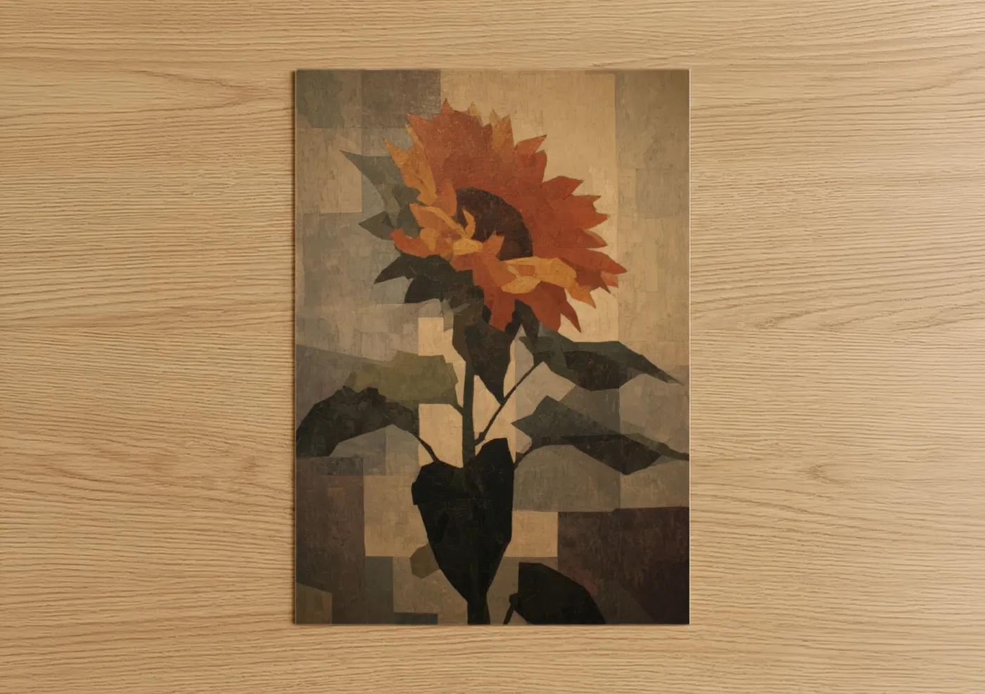 Art print on warm oak wood — russet and mustard palette — Autumn Sunflower poster