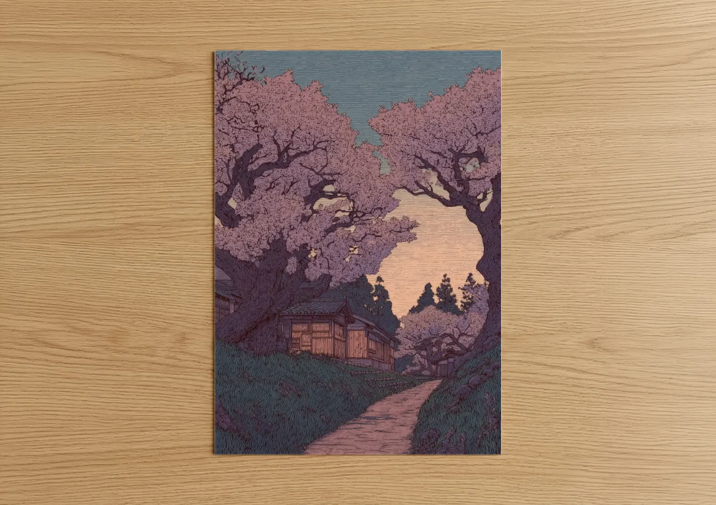 Spring art print on warm oak wood — salmon pink and blue and gray palette — Cherry Blossom Sanctuary poster