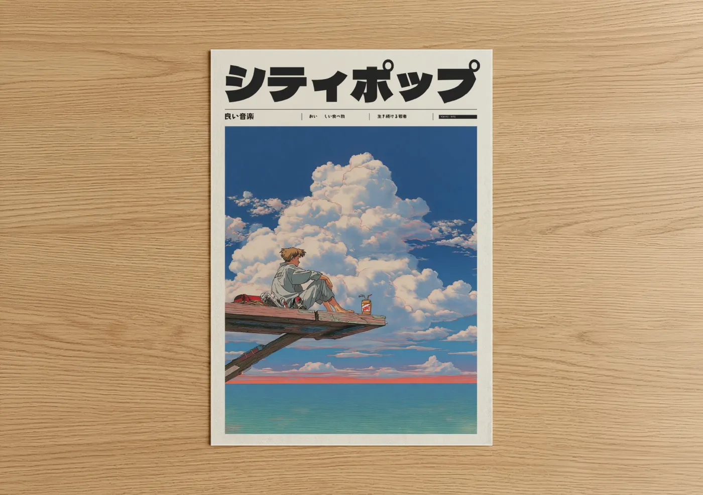 Anime and manga art print on warm oak wood — blue and white palette — Dreamy Sky Contemplation poster