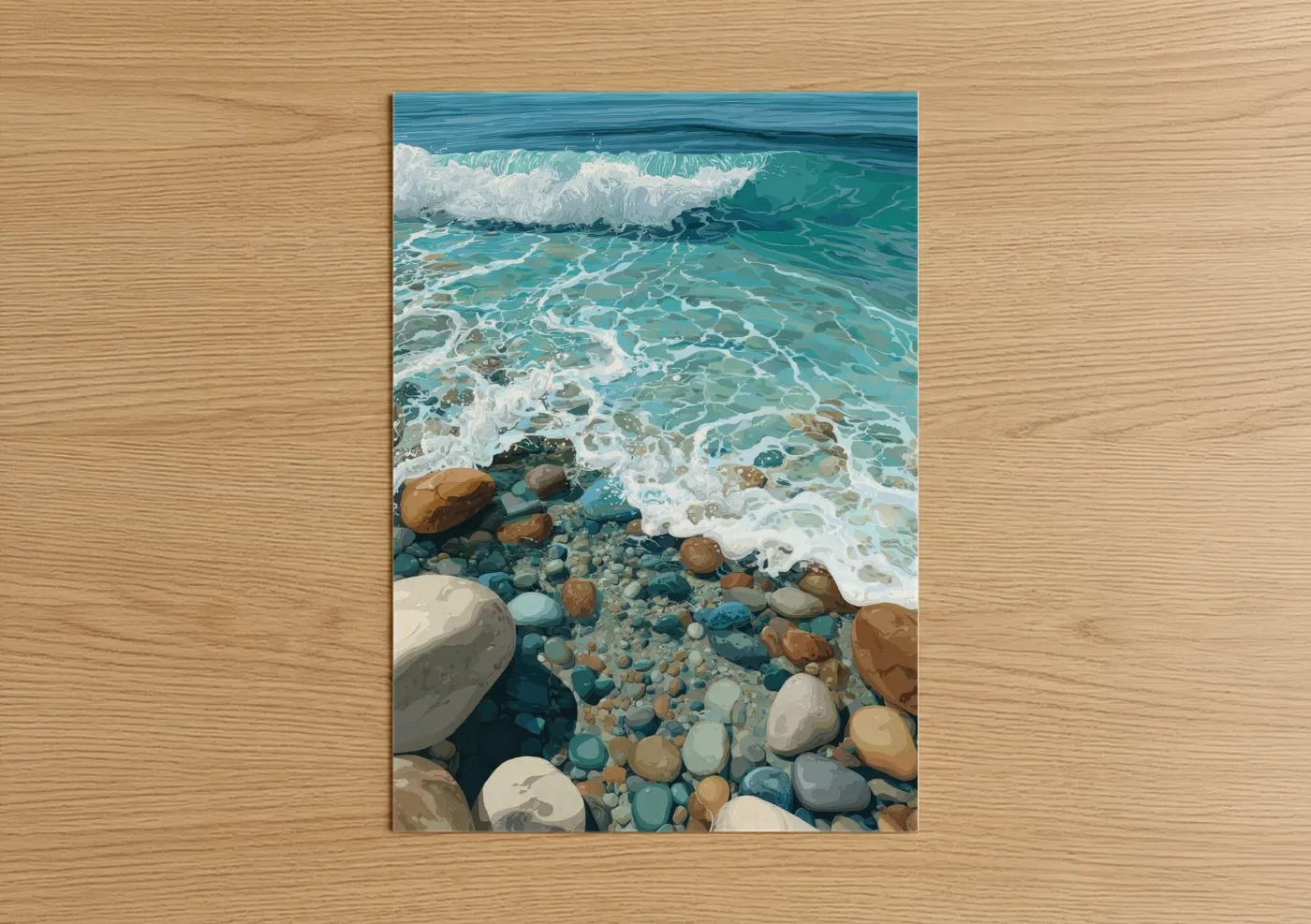 Sandy beach art print on warm oak wood — turquoise and cream palette — Turquoise Shoreline poster