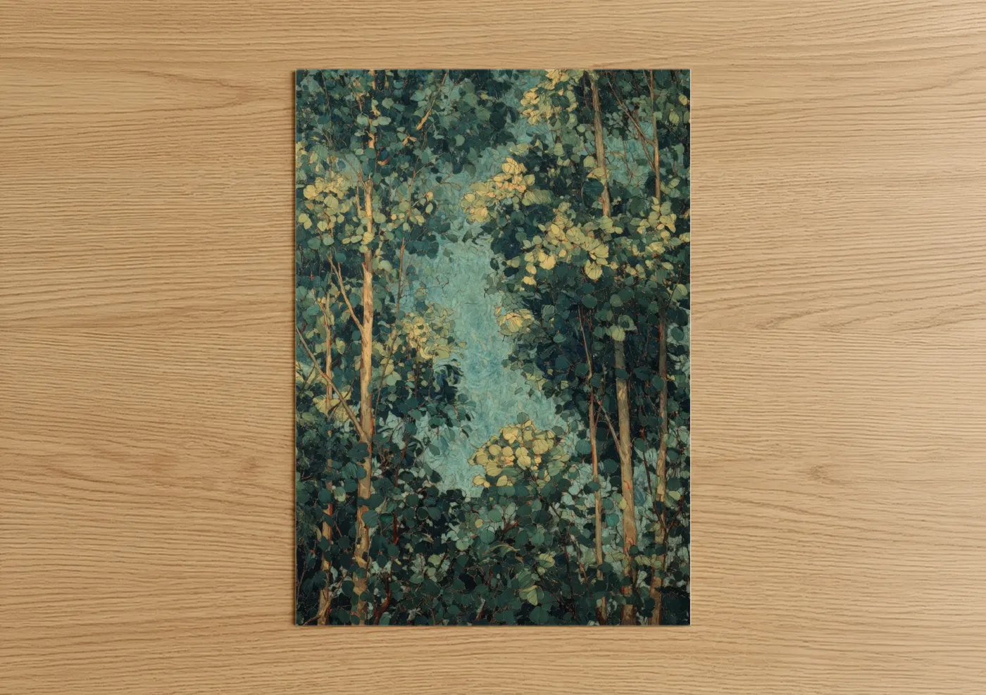 Eucalyptus forest art print on warm oak wood — teal and yellow gold palette — Golden Eucalyptus poster