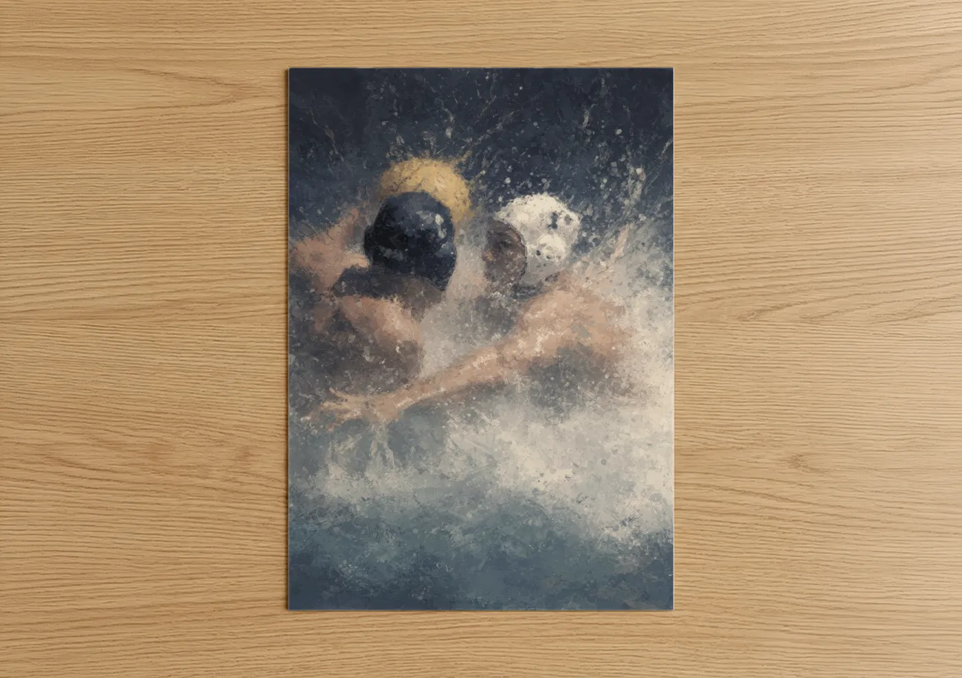 Art print on warm oak wood — gray and white and gold palette — Competitive Water Polo poster
