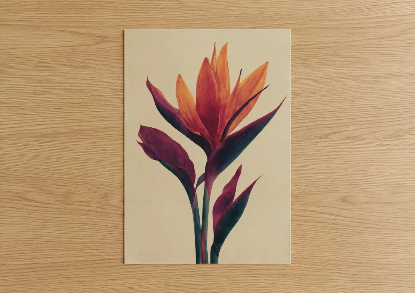 Birds of paradise art print on warm oak wood — maroon and orange palette — Crimson Paradise Bloom poster