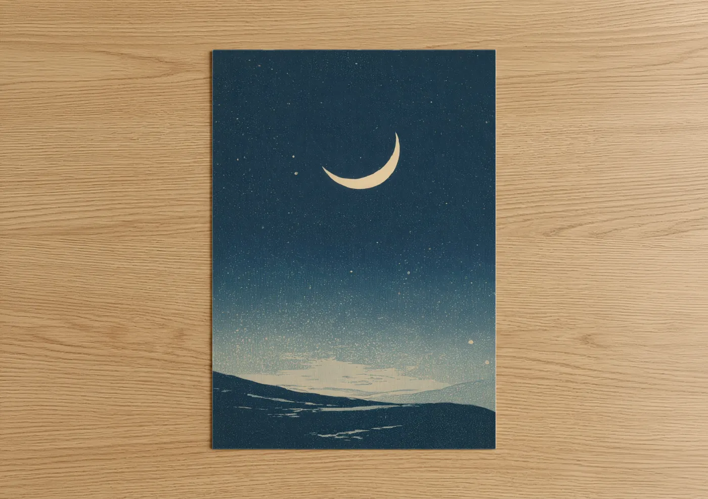 Space art print on warm oak wood — dark blue and cream palette — Crescent Night Sky poster