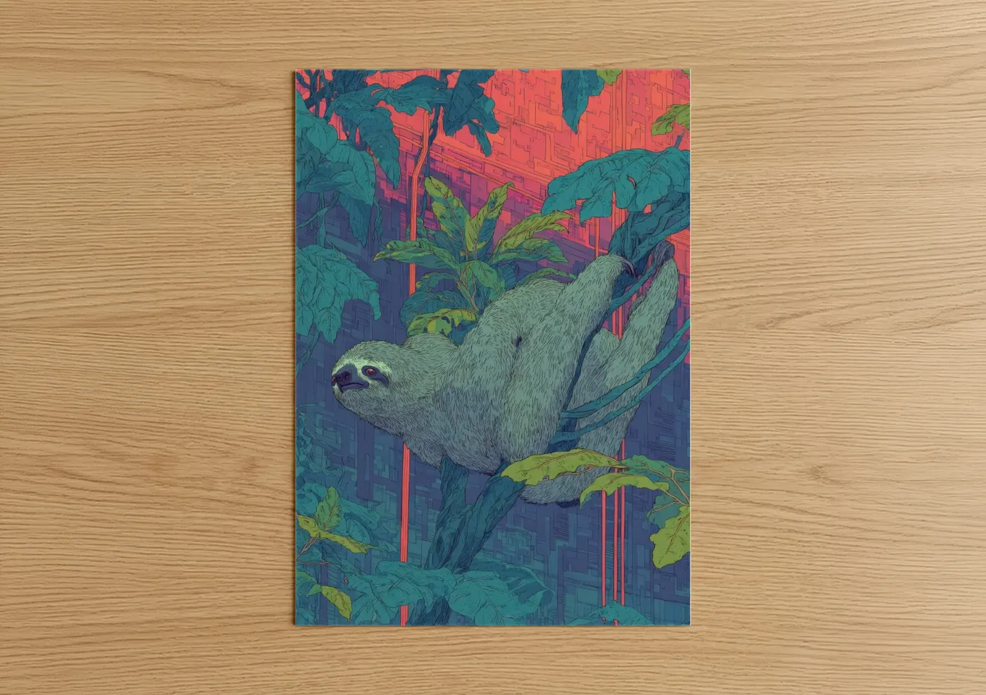 Urban Sloth Cyberpunk Neon Illustration Wall Art