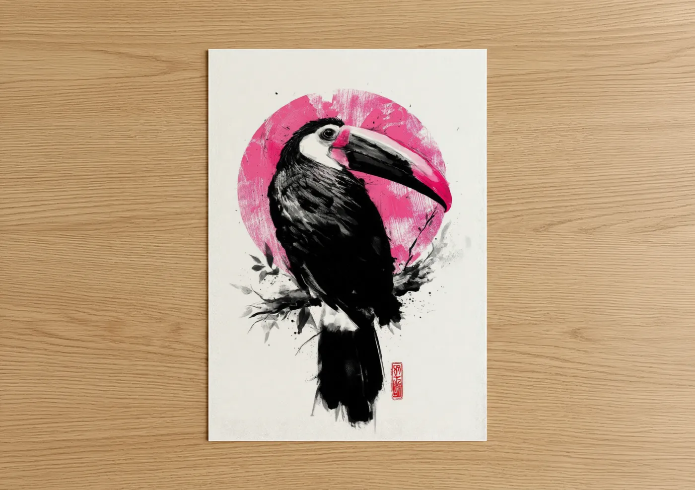 Art print on warm oak wood — black and white and magenta palette — Pink Circle Toucan poster