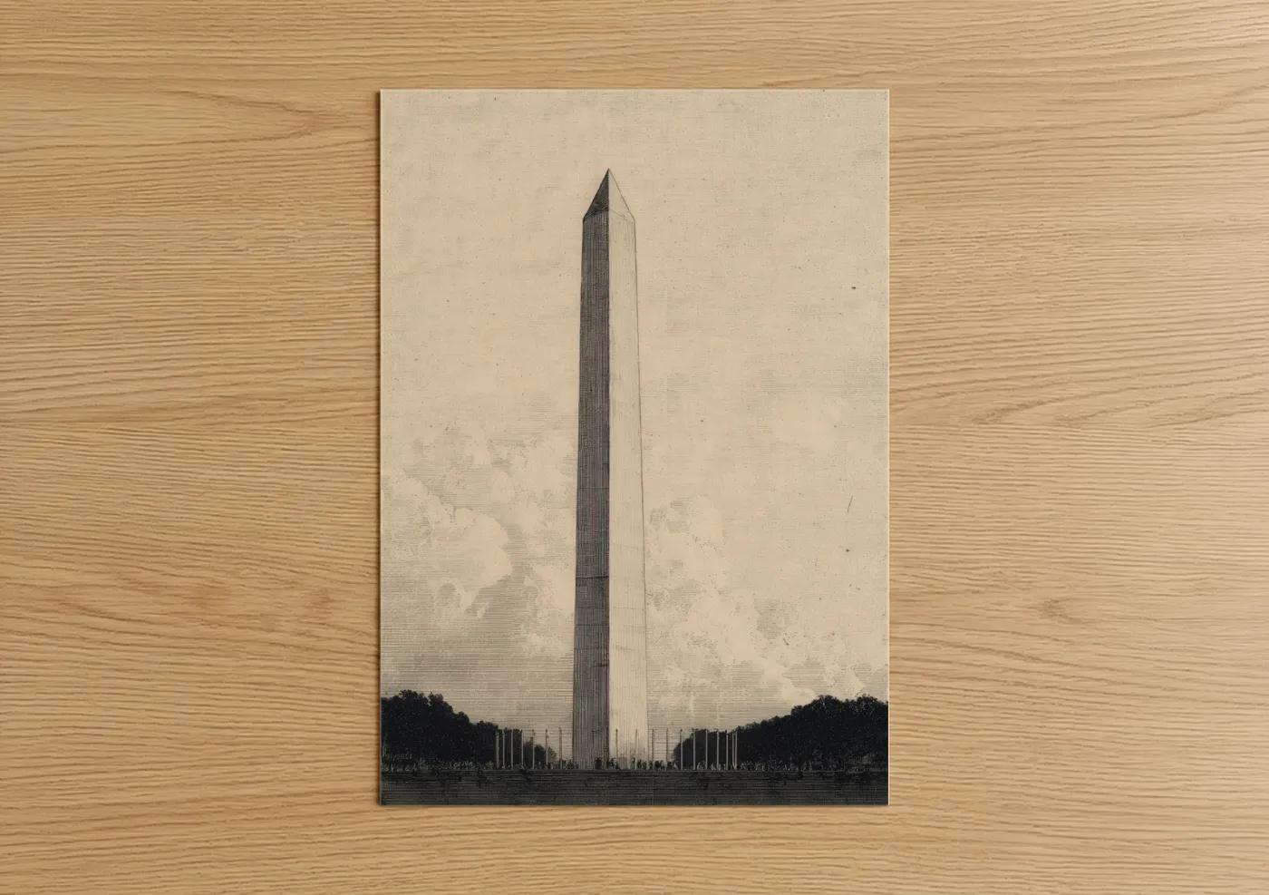 Washington monument art print on warm oak wood — beige and gray palette — Monumental Obelisk poster