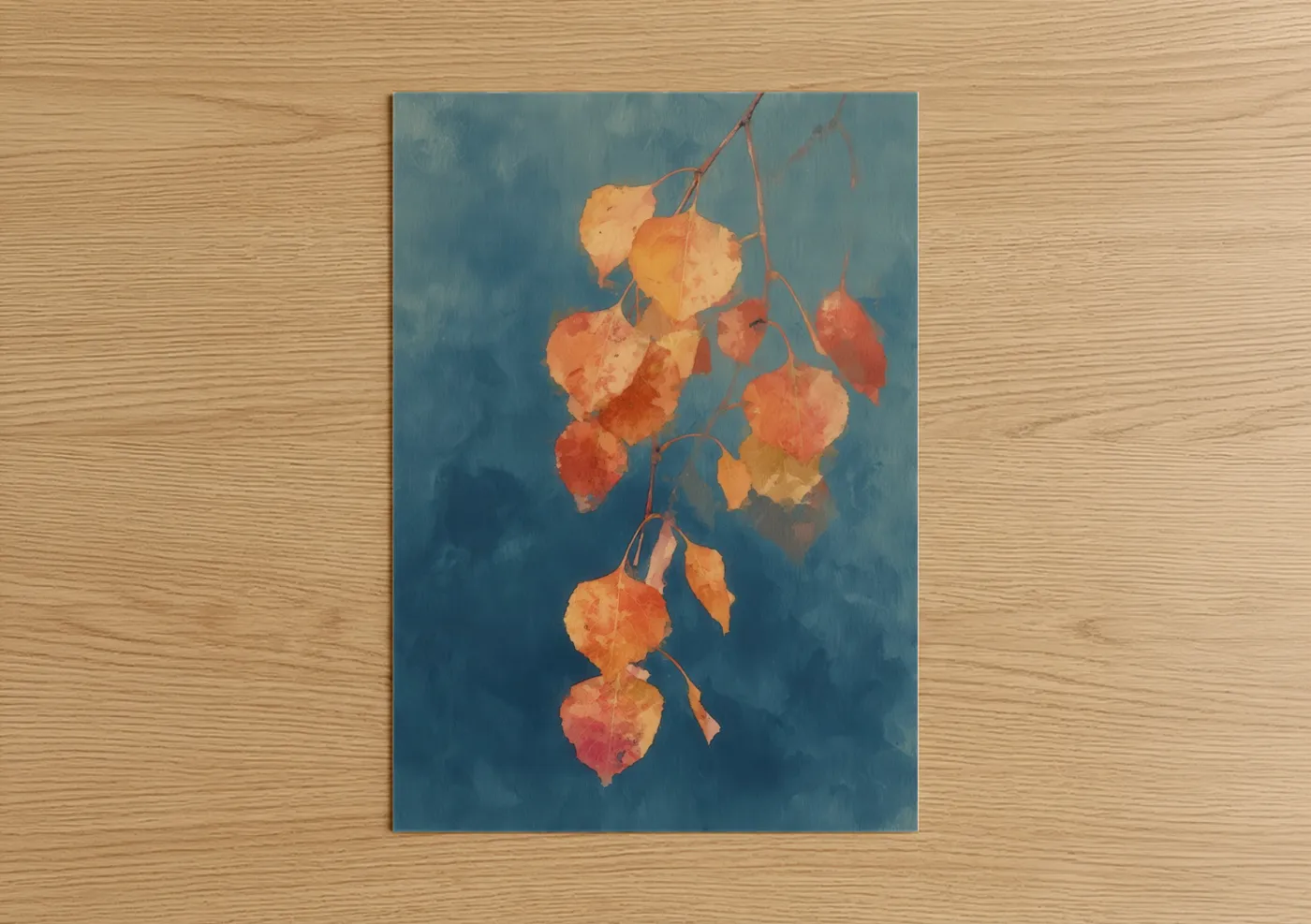 Birch tree art print on warm oak wood — blue and gold palette — Autumn Birch Leaves poster