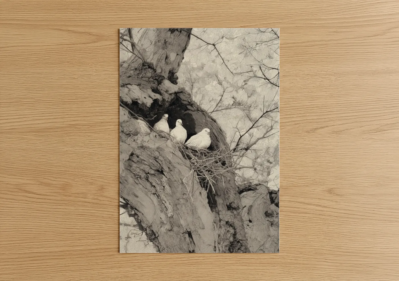 White Doves Nesting Clifftop Black and White Wall Art