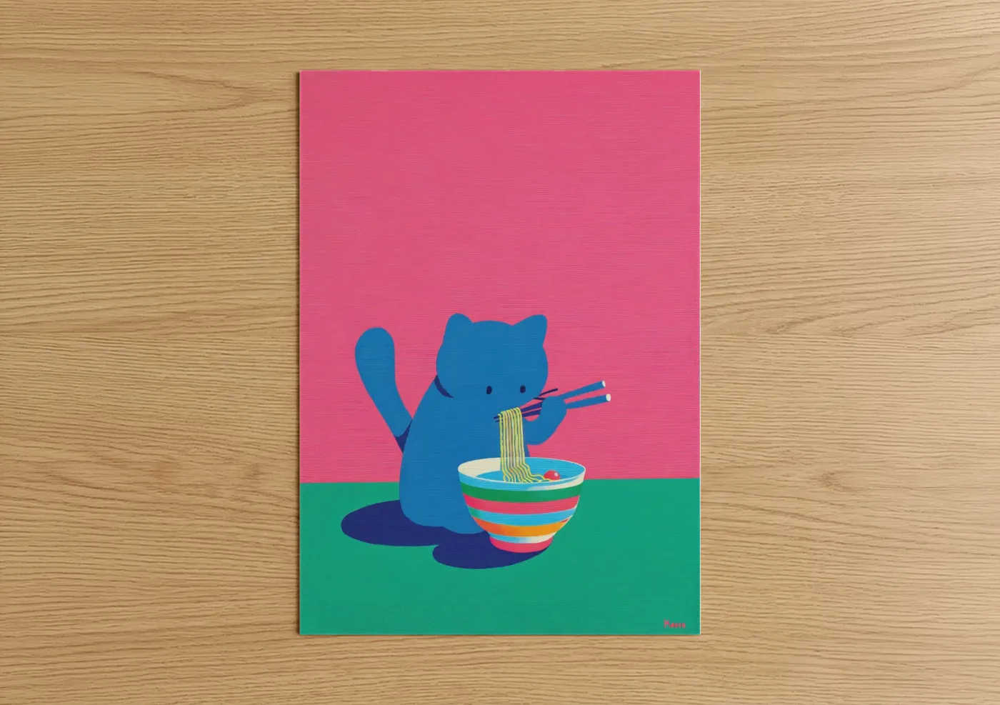 Art print on warm oak wood — pink and blue palette — Noodle Cat poster