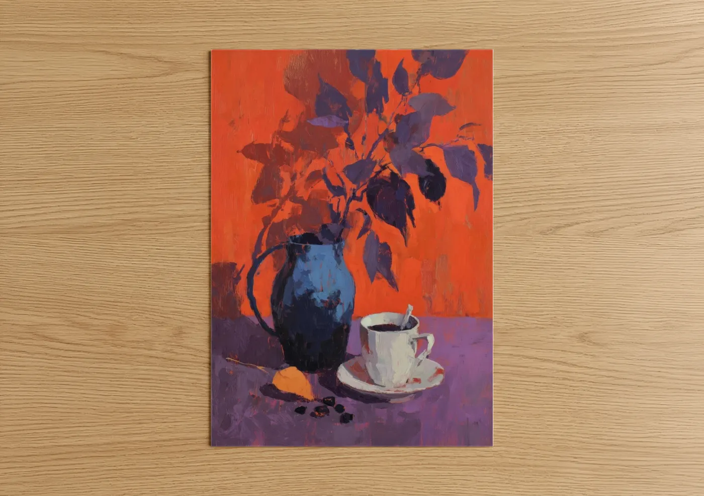 Art print on warm oak wood — orange and purple palette — Crimson Coffee Moment poster