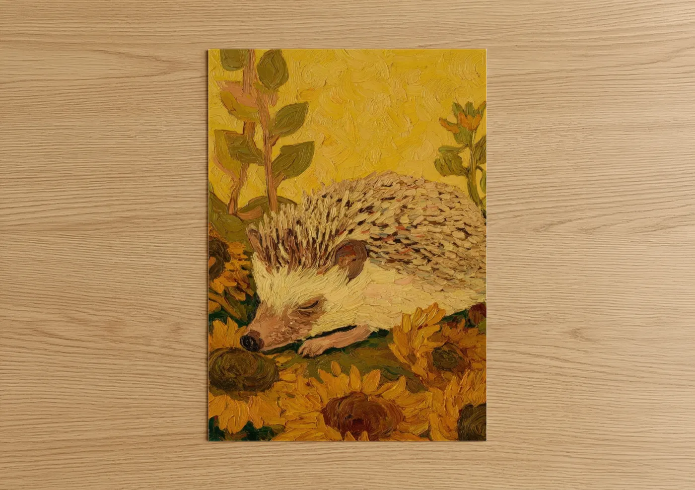Art print on warm oak wood — gold and orange palette — Golden Hedgehog poster