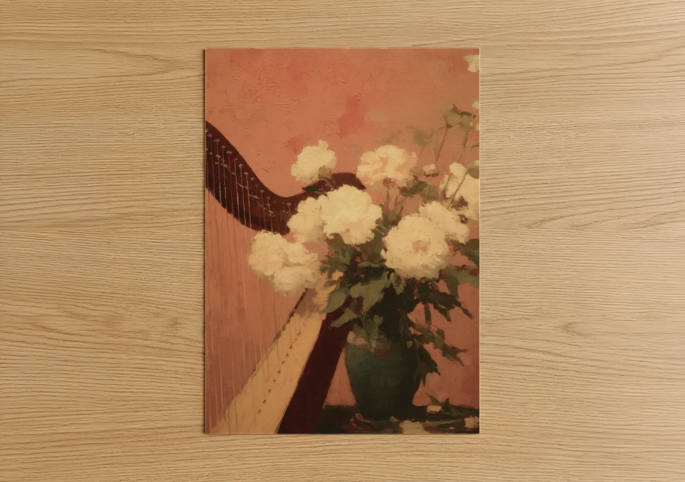 White Roses Harp Still Life Painting Wall Art