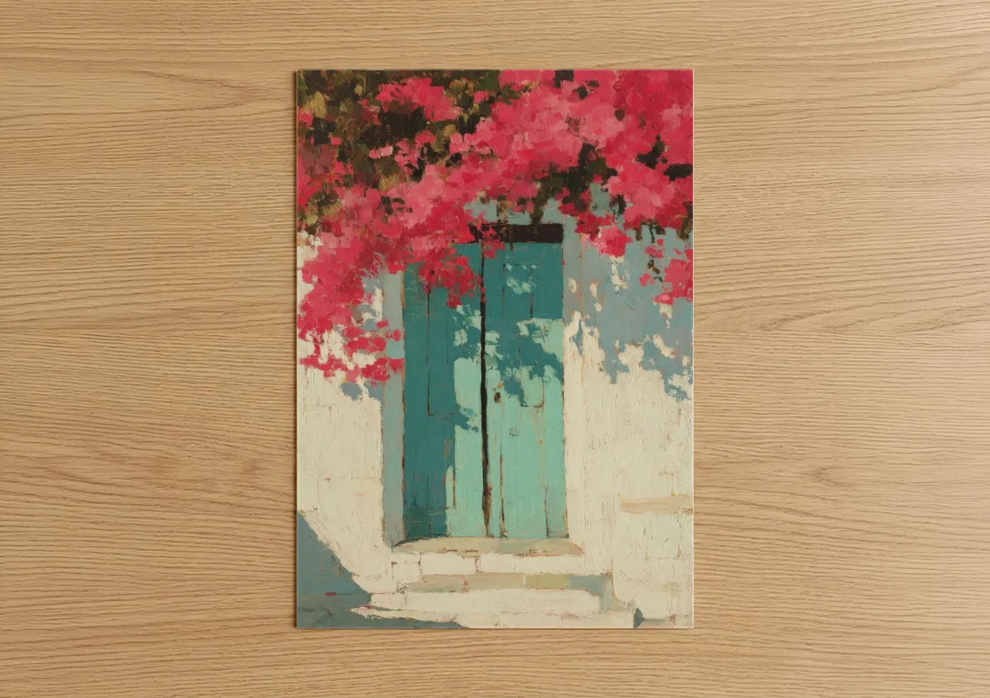 Art print on warm oak wood — magenta and teal palette — Turquoise Garden Gate poster