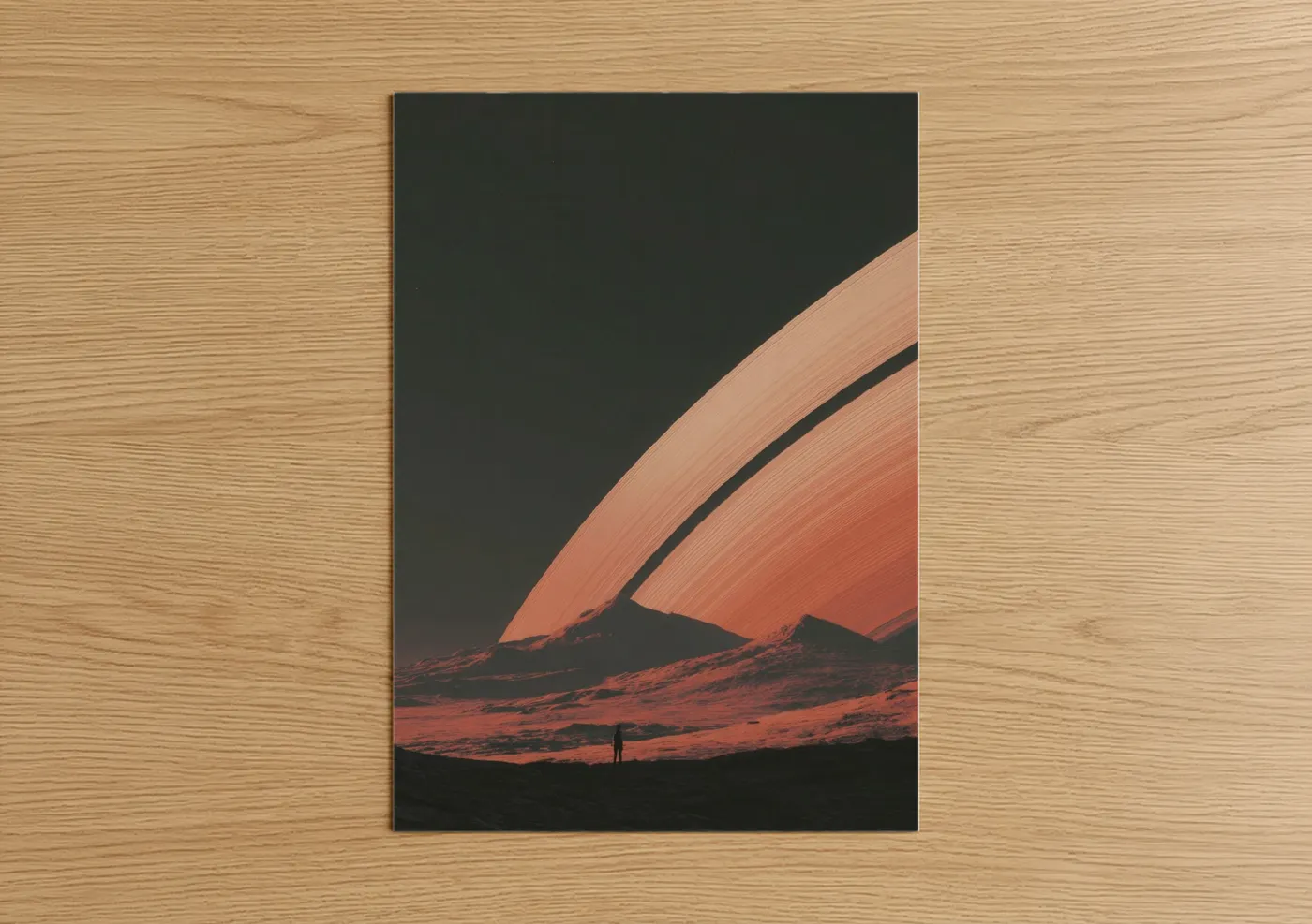 Extraterrestrial art print on warm oak wood — dark green palette — Alien Landscape poster