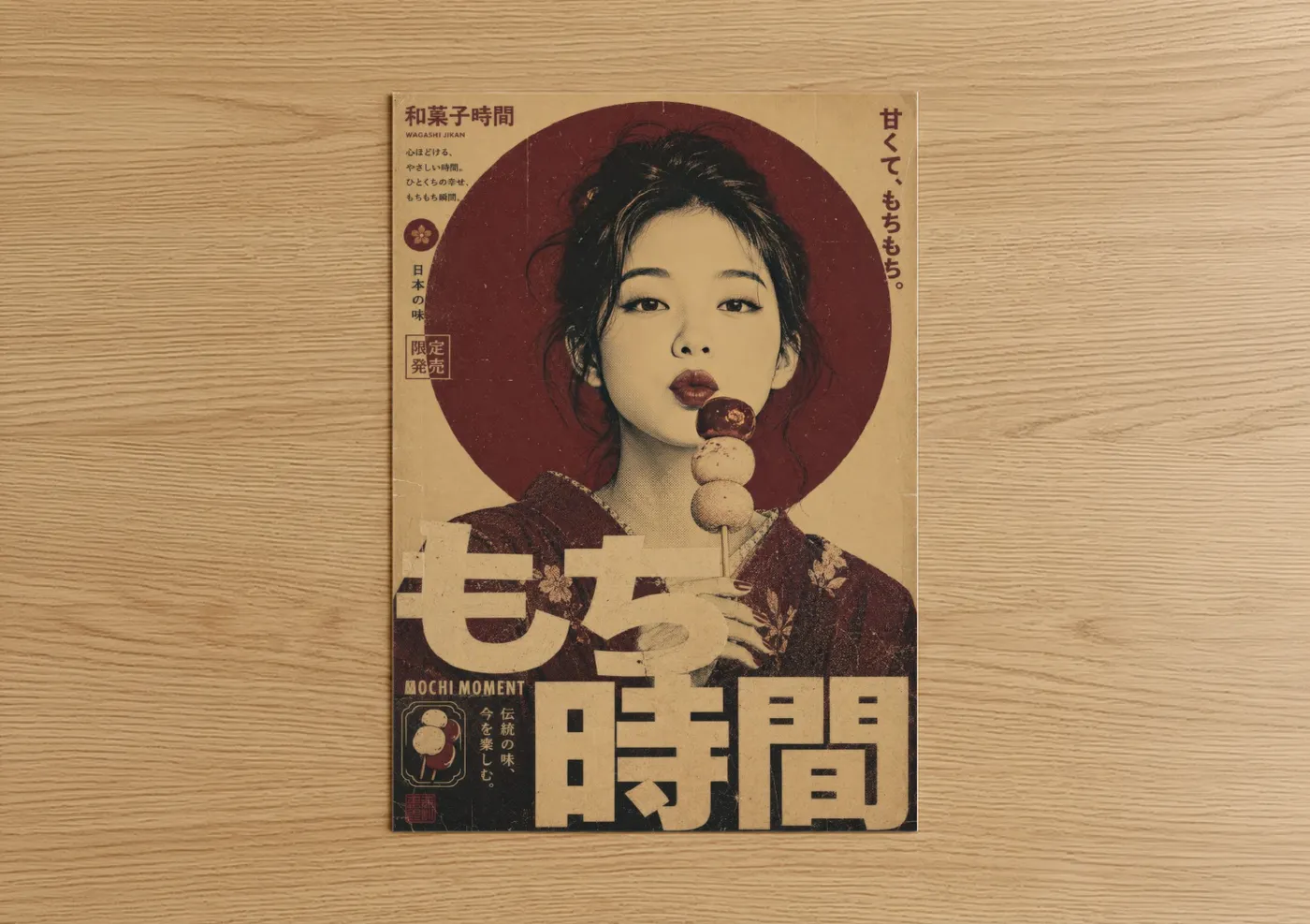 Japanese pop culture art print on warm oak wood — maroon and beige palette — Japanese Mochi Advertisement Vintage Wall Art poster