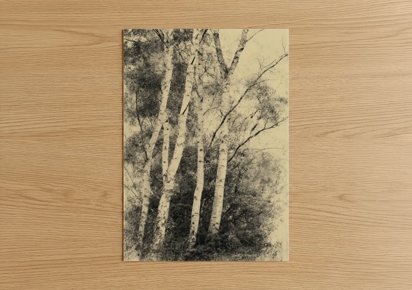 Art print on warm oak wood — black and white and cream palette — Misty Birch Forest poster