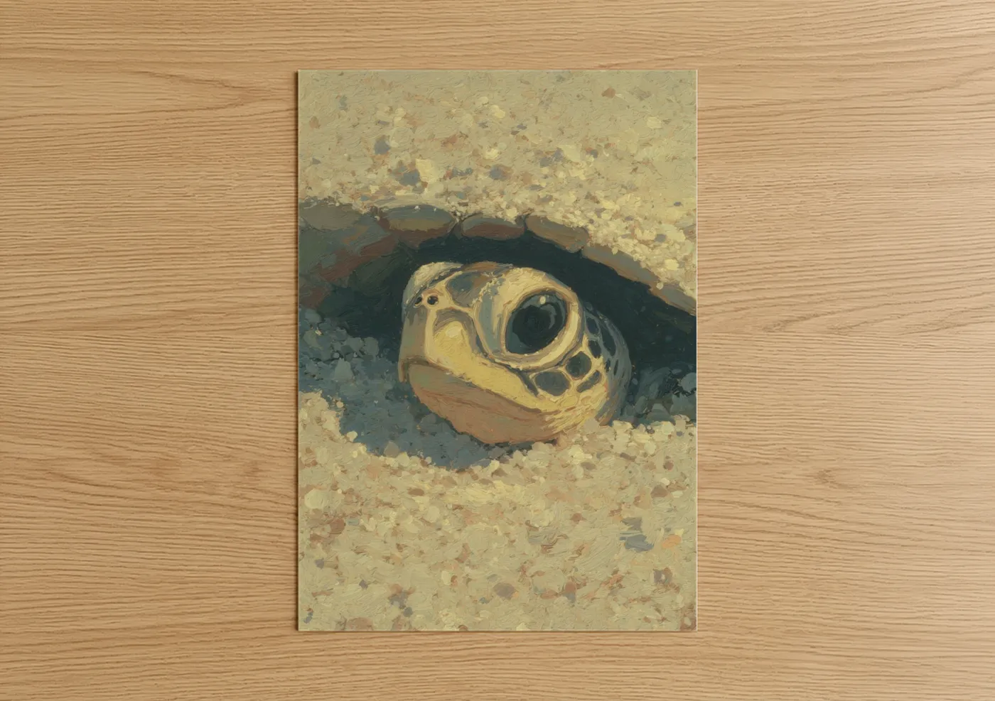 Art print on warm oak wood — gold and brown palette — Sandy Turtle Close-up poster