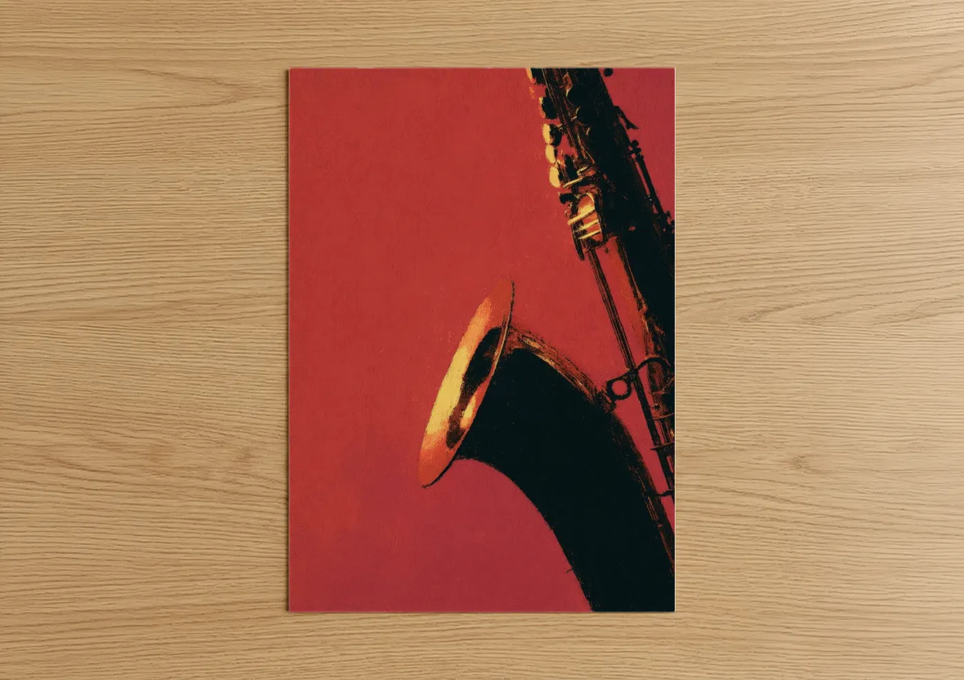 Art print on warm oak wood — red and gold palette — Crimson Saxophone poster