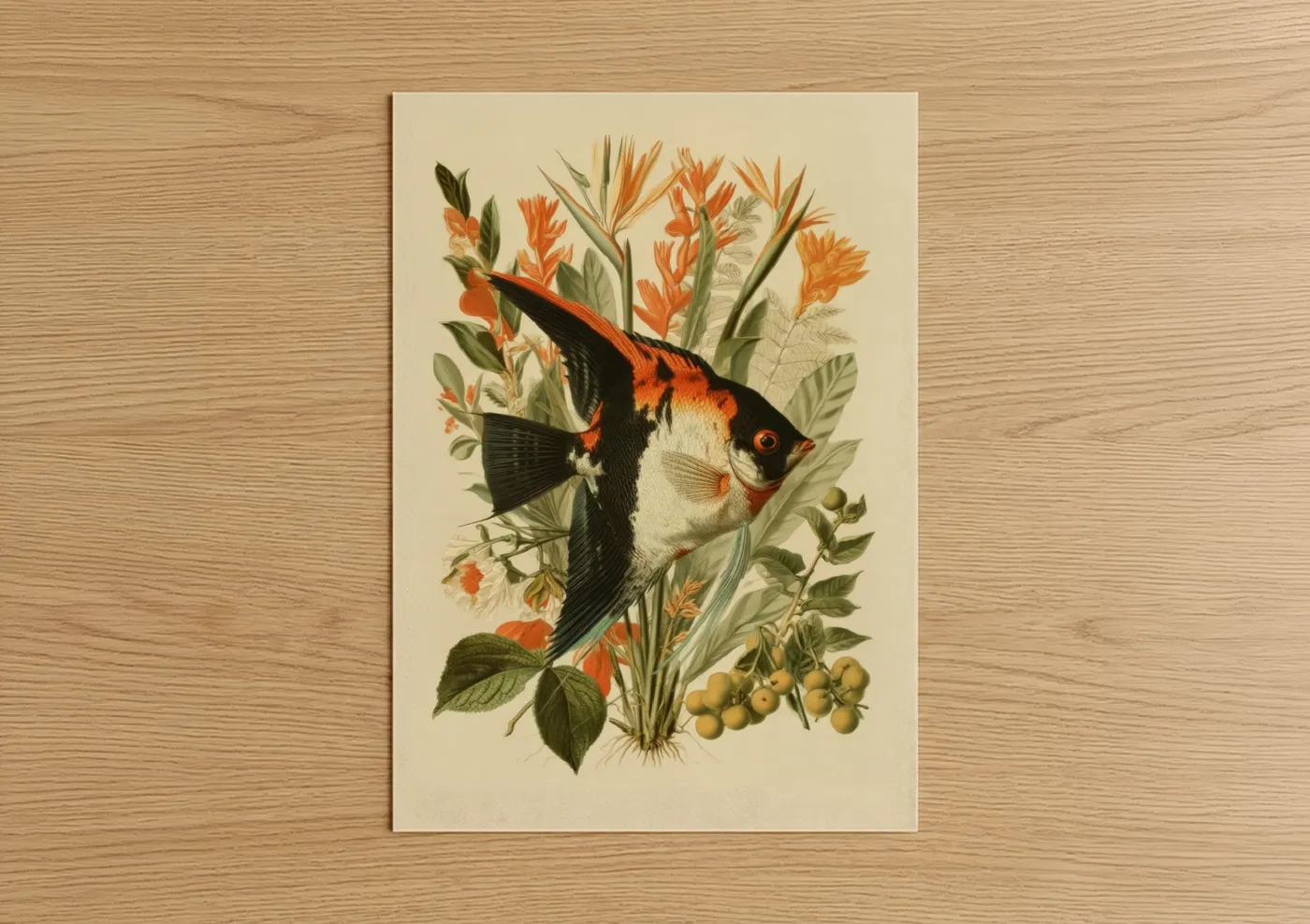 Angel fish art print on warm oak wood — cream and orange palette — Angelfish Botanical poster