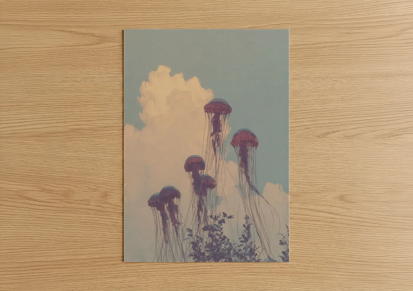 Art print on warm oak wood — lavender and peach palette — Dreaming Jellyfish poster