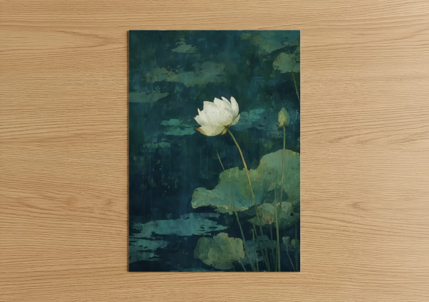 Art print on warm oak wood — teal and sage green palette — White Lotus Serenity poster