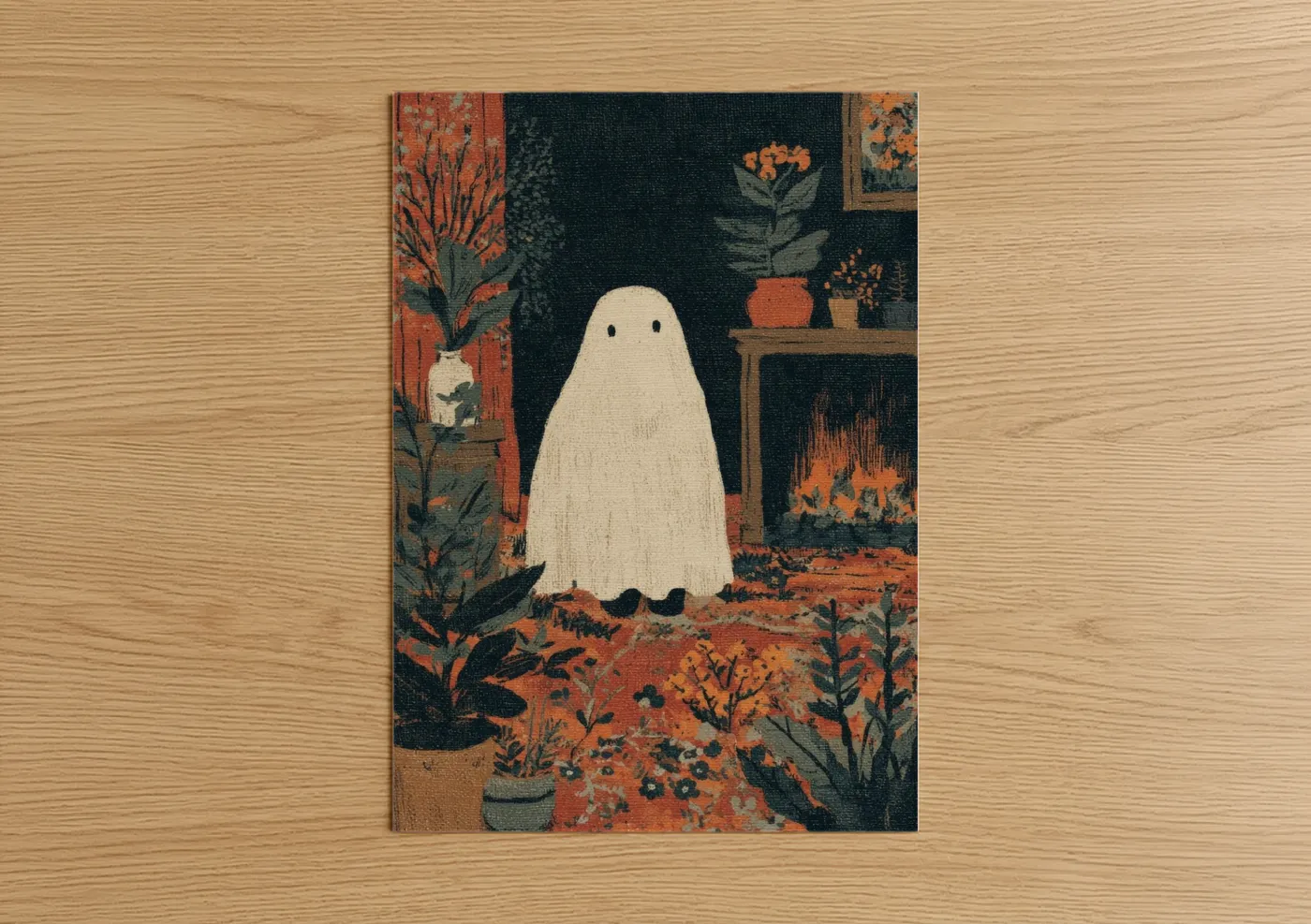 Art print on warm oak wood — black and gold palette — Garden Ghost poster