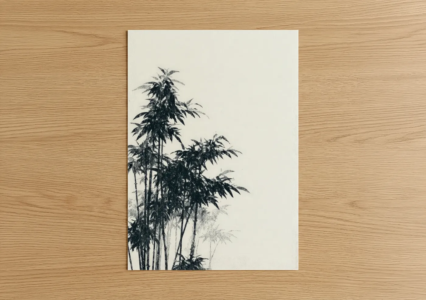 Bamboo jungle art print on warm oak wood — black and white palette — Misty Bamboo Forest poster