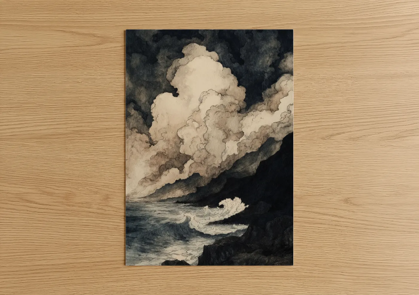 Art print on warm oak wood — black and white and gray palette — Dramatic Storm Surge poster