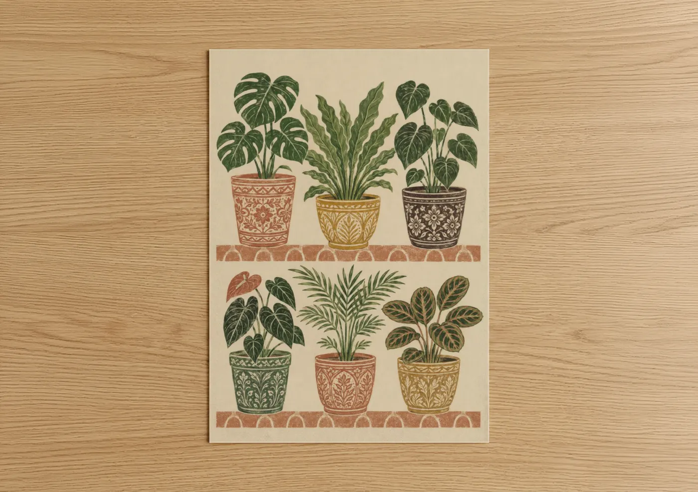 Art print on warm oak wood — green and beige palette — Tropical Potted Plants Botanical Wall Art poster